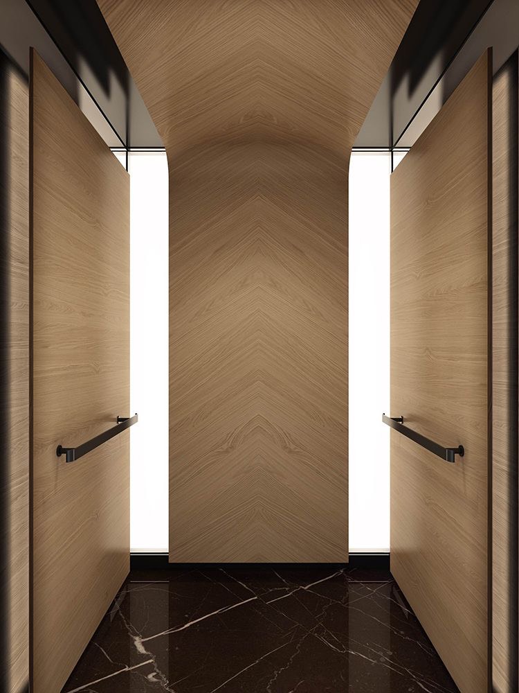Tấm Laminate vân gỗ được ứng dụng trong trang trí cabin thang máy.